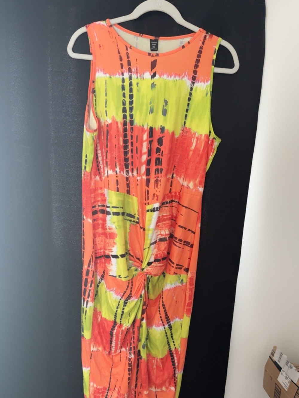 Sleeveless Neon Orange & Lime Tie-Front Maxi Dress